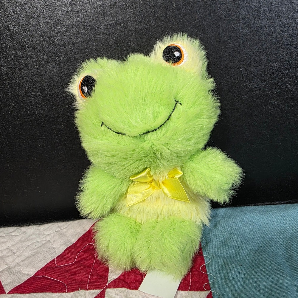Greenbrier International Lime Green Frog Plush Yellow Bow 6 Inch Stuffed Animal